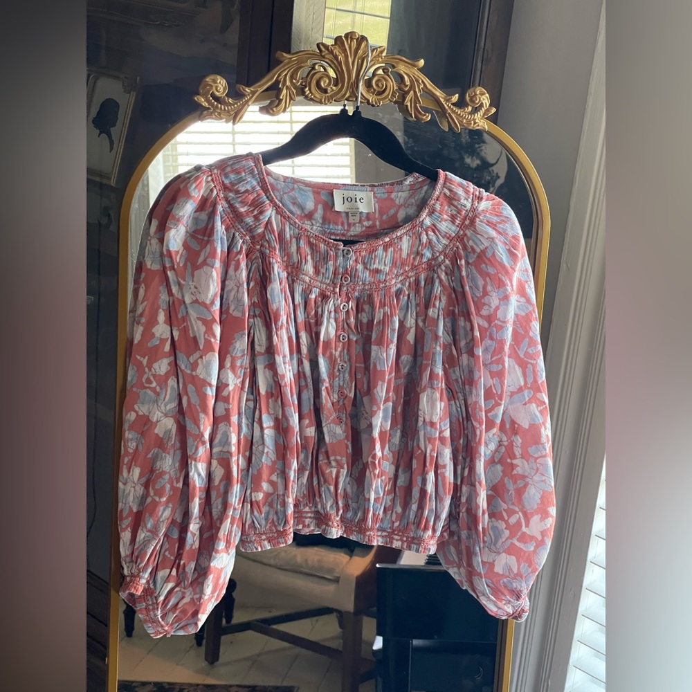 Joie May Cropped Floral-Print Blue and Pink Blouse - Picture 7 of 11
